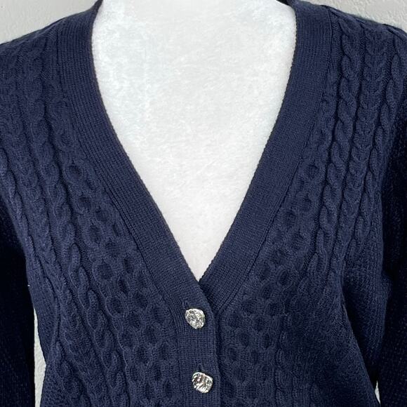 Elie Tahari Navy Blue Cable Knit V-Neck Cardigan Sweater NWT Small - Picture 6 of 16